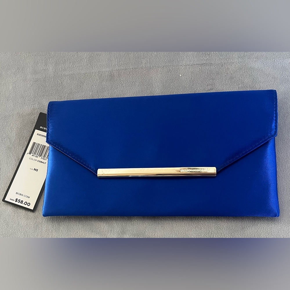 BCBG Blue satin envelope clutch with gold detail